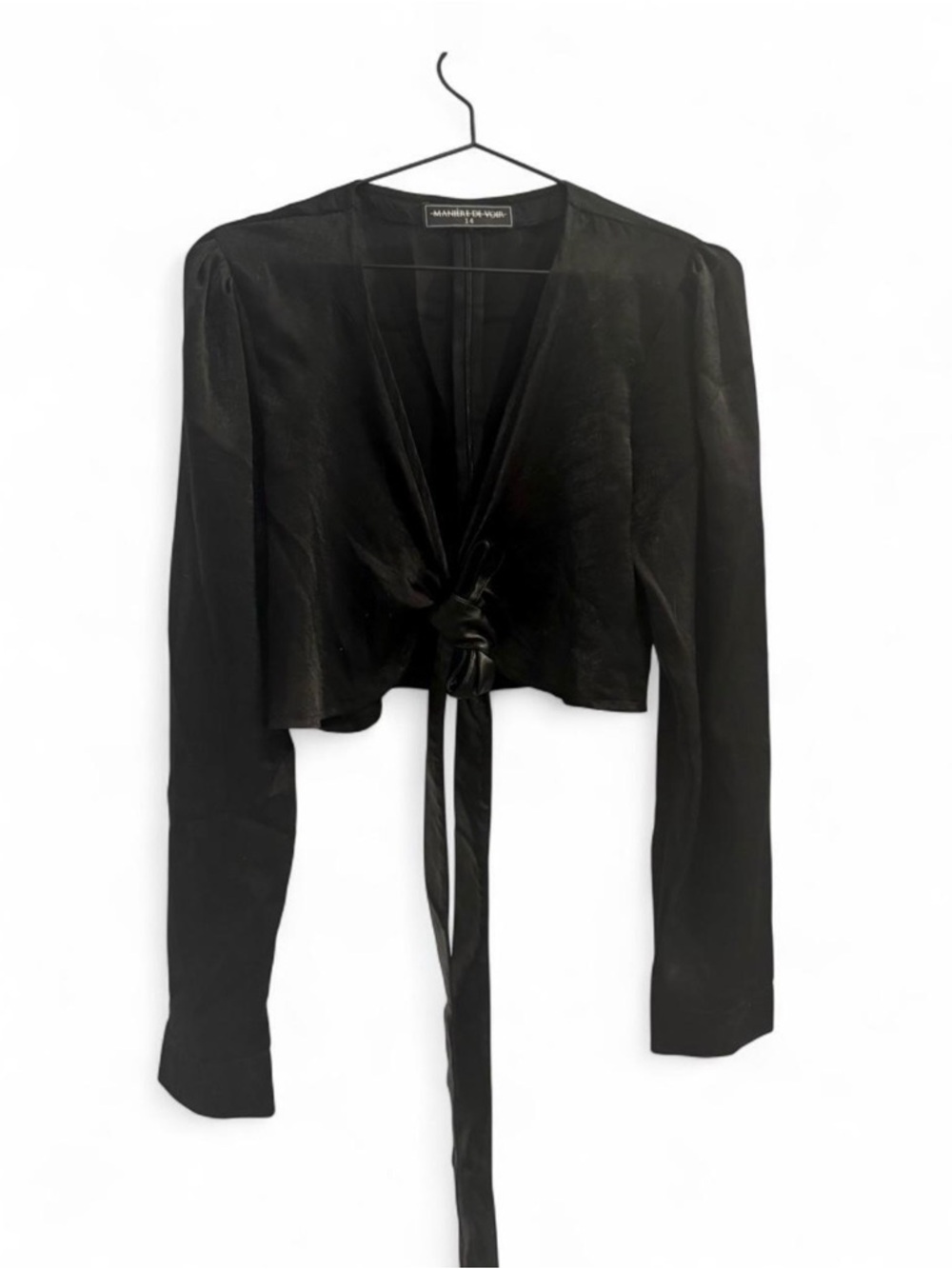 Maniere De Voir Black Satin Cropped Blouse with Leather Wrap Tie